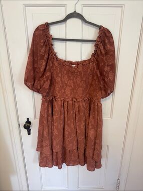 ARULA Rust Floral Smocked Babydoll Dress